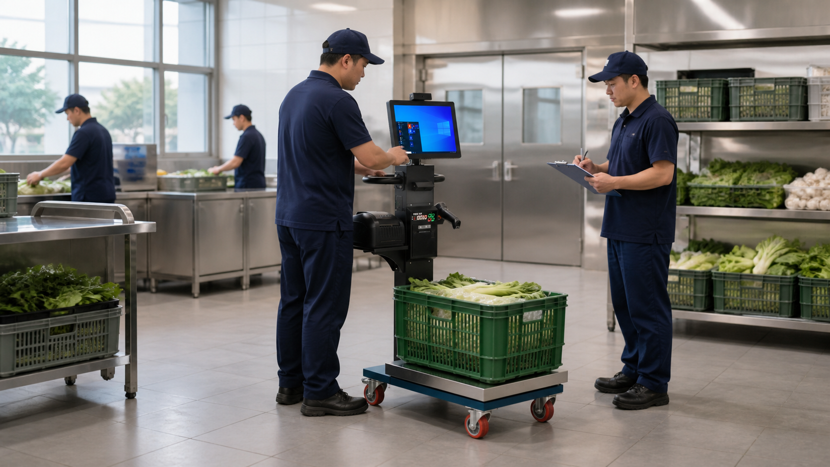 智能收货秤在团餐中央厨房验收区的应用场景示意